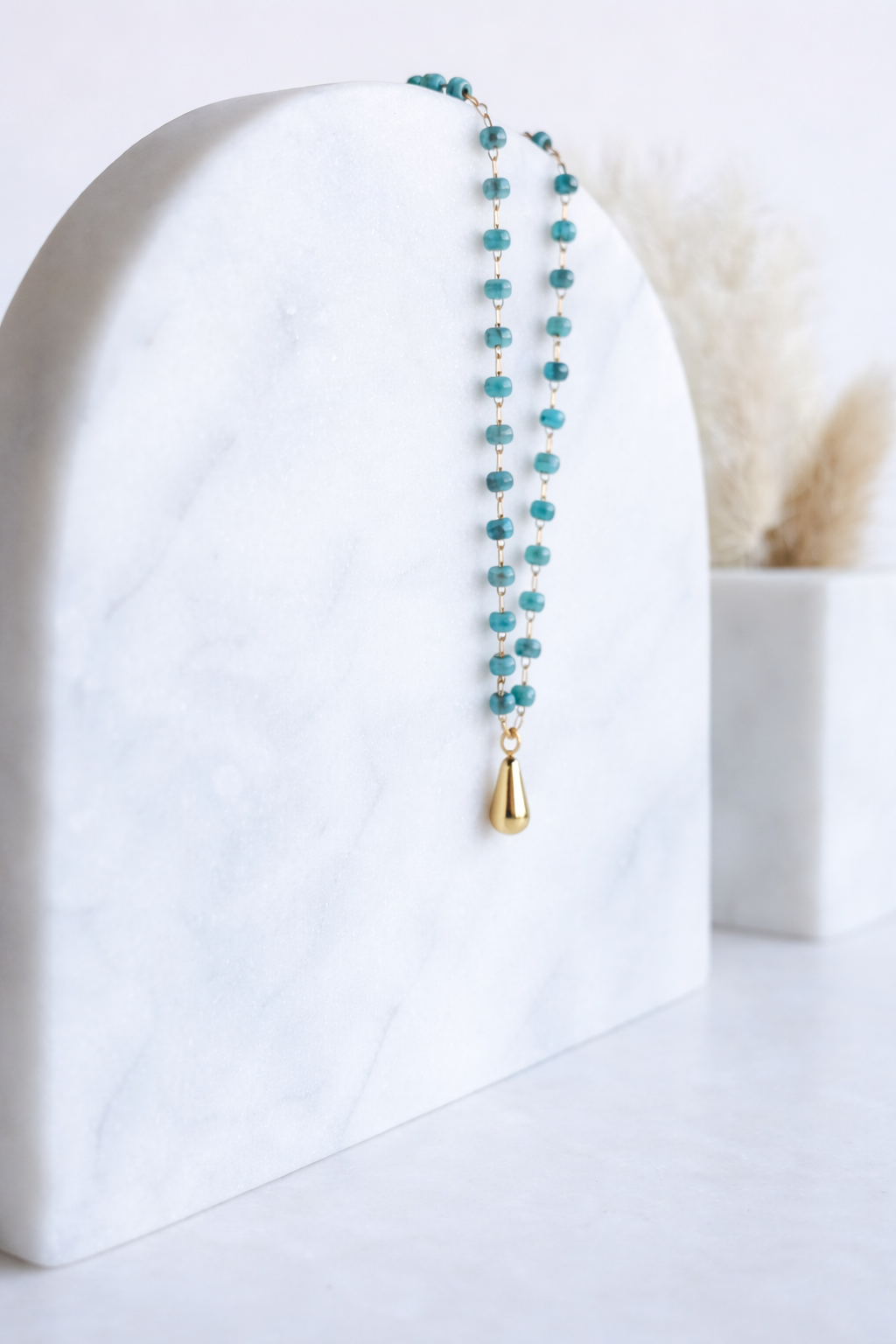 KESS: Blue-green Glass Bead Teardrop Pendant Necklace 18K Gold Dipped