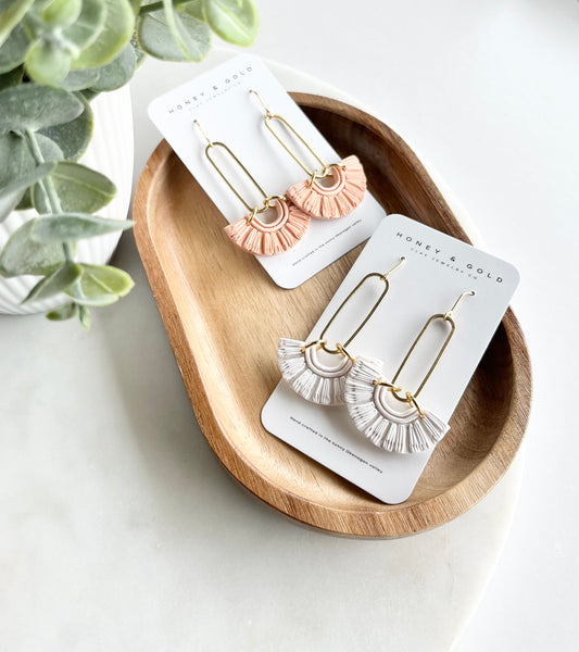 Stainless steel drop-style earrings with French hook toppers, available in two stunning options: white and peach. Each pair features exquisite brass oval charms and meticulously crafted faux macramé polymer clay embellishments. The white option exudes timeless elegance, while the peach option adds a touch of warmth and femininity to any ensemble. Elevate your style with these versatile earrings, perfect for both casual outings and special occasions.